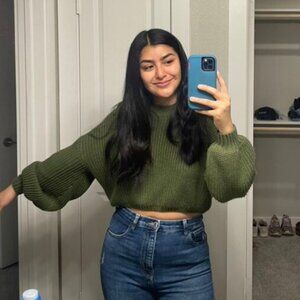 Franclia Olive Army Green Drop Shoulder Cropped Sweater